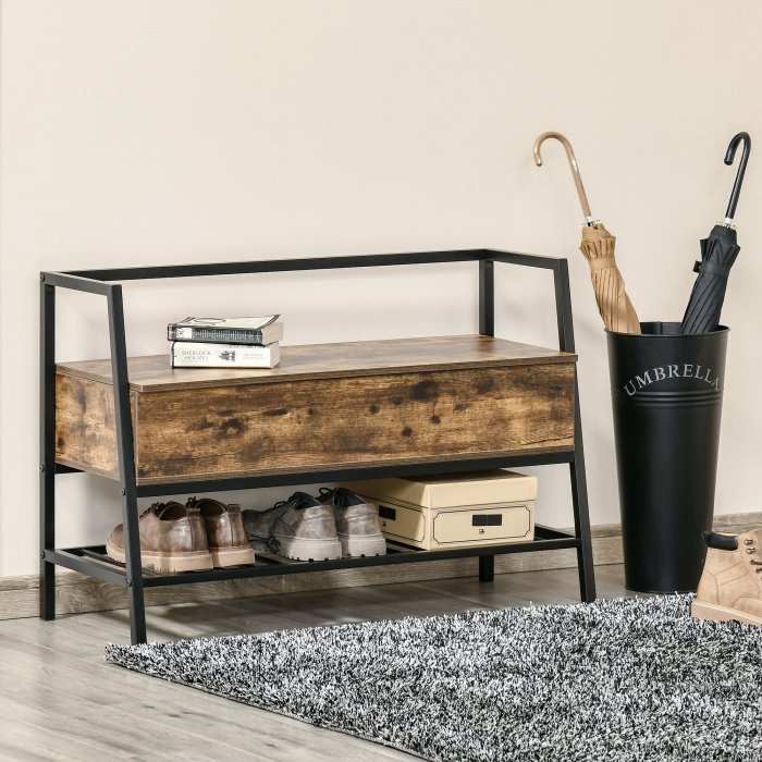  Bancuta Suport de pantofi din Lemn cu Economisire de Spatiu Stil Industrial 90x37x60cm [2]