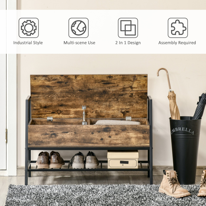  Bancuta Suport de pantofi din Lemn cu Economisire de Spatiu Stil Industrial 90x37x60cm [5]