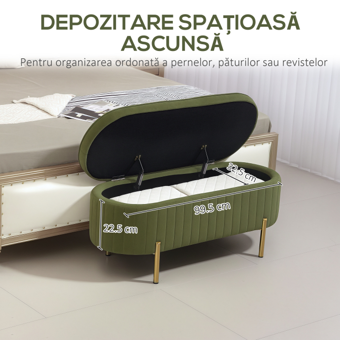  Bancuta Tapitata pentru Dormitor cu Capitonaj Canelat si Picioare Metalice, 108x44x43,5 cm, Verde [6]