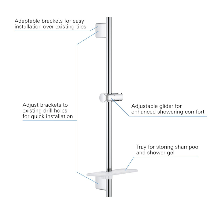 Bara de dus Grohe 26602000, 630 mm, 78 mm, universal, suport dus reglabil, pe perete, metal, plastic, Crom [3]