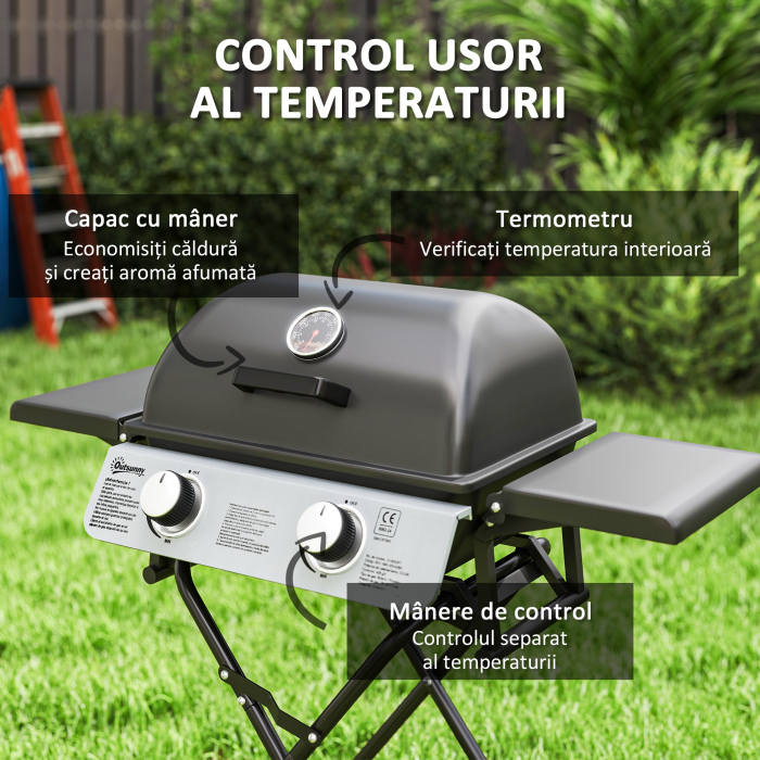  Barbecue pe Gaz 2 Arzatoare, 2 Rafturi, Capac si Termometru Negru [6]