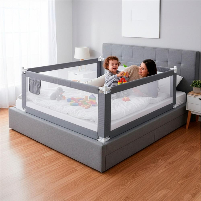 Bariera siguranta pat copii reglabila inaltime 75-95 cm, 158 cm latime, plasa respirabila, gri [2]