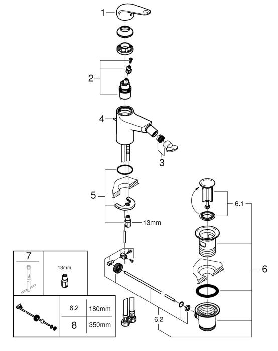 Baterie bideu Grohe 24332001, 28 mm, 0.7 bar, 35 mm, 146 mm, 111 mm, 414 mm, 1 orificii instalare, Crom [6]