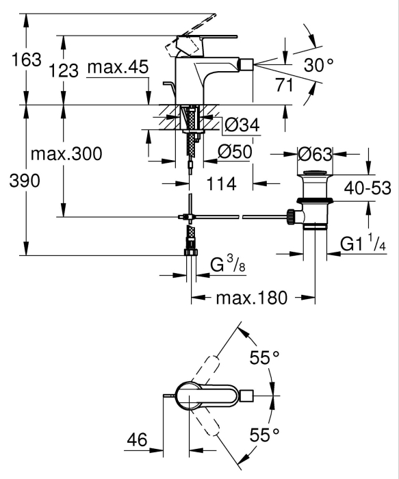 Baterie bideu Grohe 328852430, 28 mm, 0.7 bar, 35 mm, 123 mm, 114 mm, 390 mm, 1 orificii instalare, Negru [4]