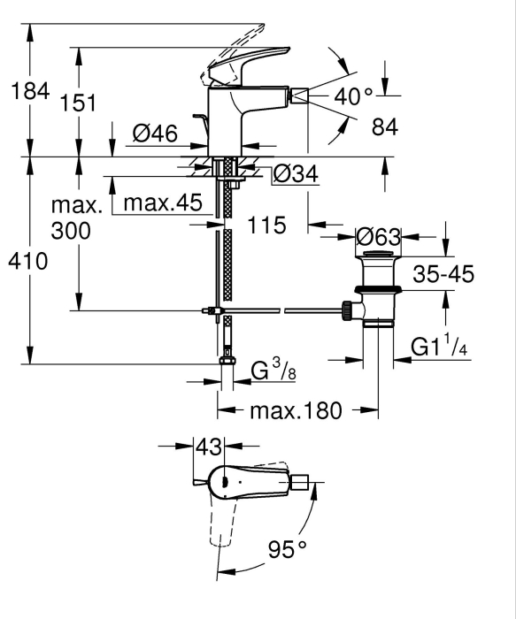Baterie bideu Grohe 32928003, 28 mm, 1 bar, 35 mm, 151 mm, 115 mm, 410 mm, 1 orificii instalare, Crom [5]