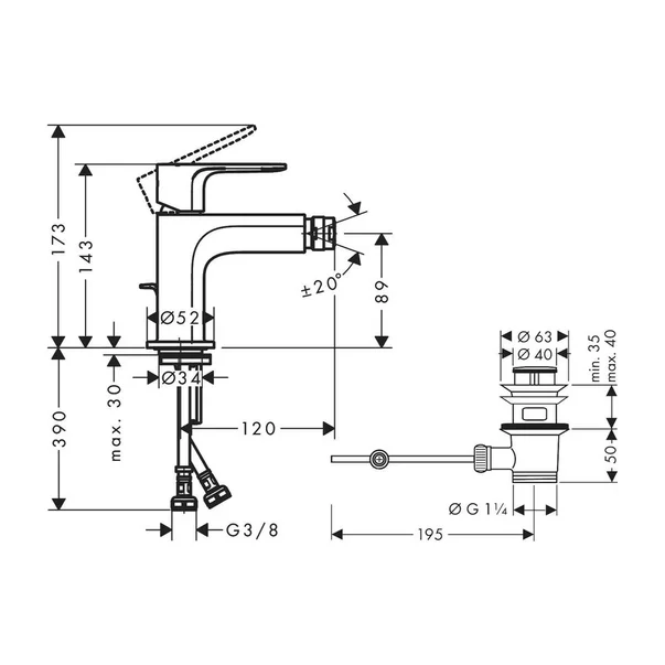 Baterie bideu Hansgrohe Rebris S crom lucios cu ventil Pop-Up [2]