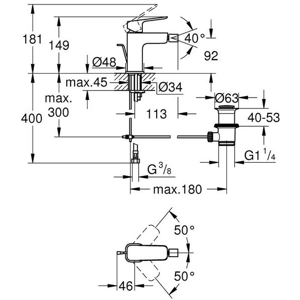 Baterie bideu monocomanda Grohe Cubeo cu ventil Pop-Up crom lucios [2]