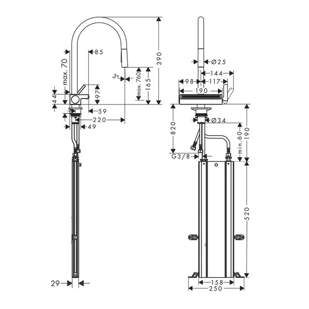 Baterie bucatarie cu dus extractibil 3 jeturi Hansgrohe Aquno Select M81 170 sBox crom [2]