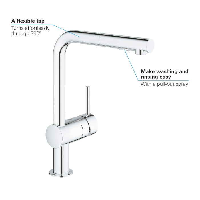 Baterie bucatarie Grohe 30274000, bucatarie Minta, tip comanda monocomanda, marime inalta, forma pipa tip l, crom [4]
