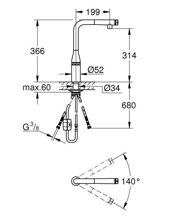 Baterie bucatarie Grohe 30444AL0, 1 bar, 366 mm, 199 mm, 1 orificii instalare, 1 sprayuri, 180 unghi pivotare, Grafit [6]