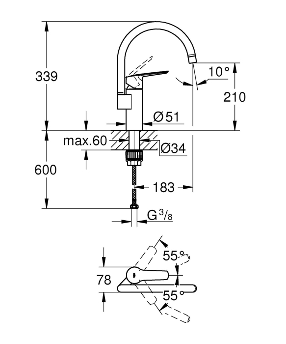 Baterie bucatarie Grohe 304692430, 0.8 bar, 339 mm, 183 mm, 1 orificii instalare, 1 sprayuri, 360 unghi pivotare, Negru [5]