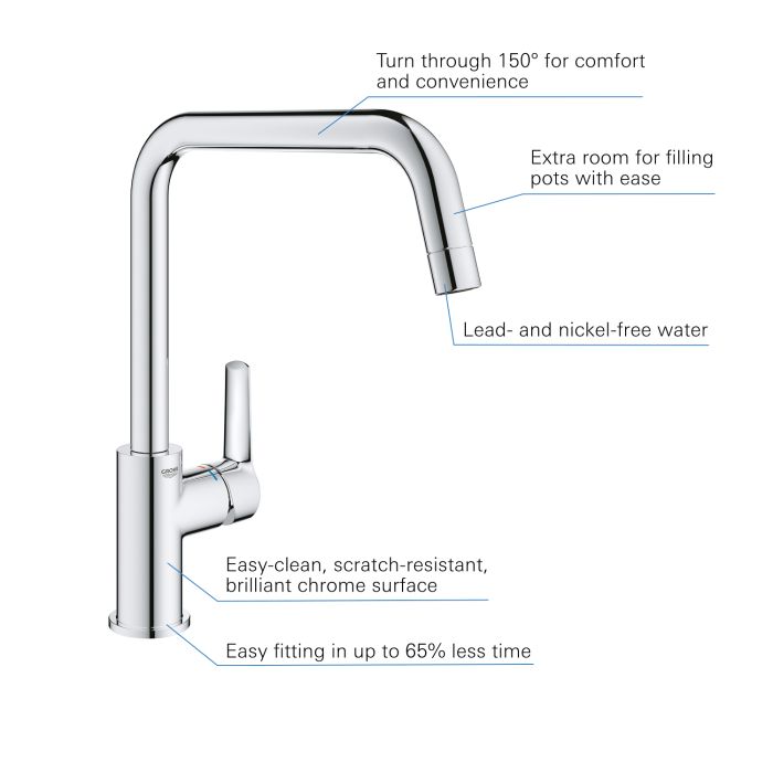 Baterie bucatarie Grohe 30470000, bucatarie Start, tip comanda monocomanda, marime inalta, forma pipa tip u, crom [4]