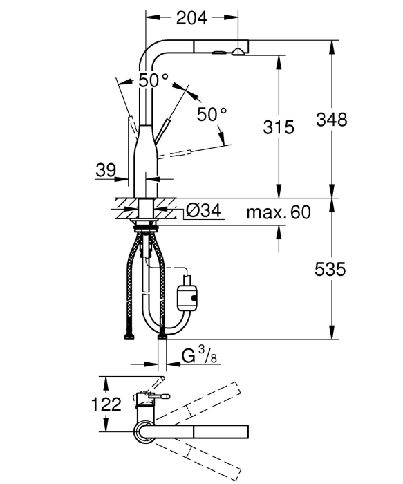 Baterie bucatarie Grohe 30504000, 1 bar, 348 mm, 204 mm, 1 orificii instalare, 2 sprayuri, 180 unghi pivotare, Crom [5]