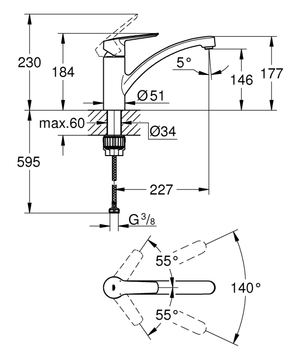 Baterie bucatarie Grohe 30530002, bucatarie Start, tip comanda monocomanda, marime medie, forma pipa tip c, crom [5]