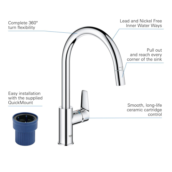 Baterie bucatarie Grohe 30550000, 1 bar, 357 mm, 215 mm, 1 orificii instalare, 1 sprayuri, 180 unghi pivotare, Crom [9]