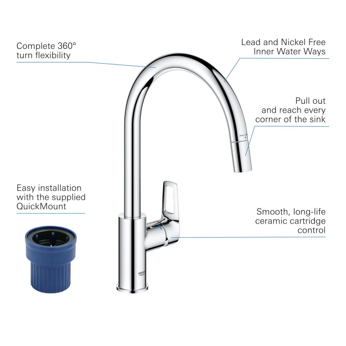 Baterie bucatarie Grohe 30556000, StartLoop, tip comanda monocomanda, marime inalta, forma pipa tip c, crom [7]