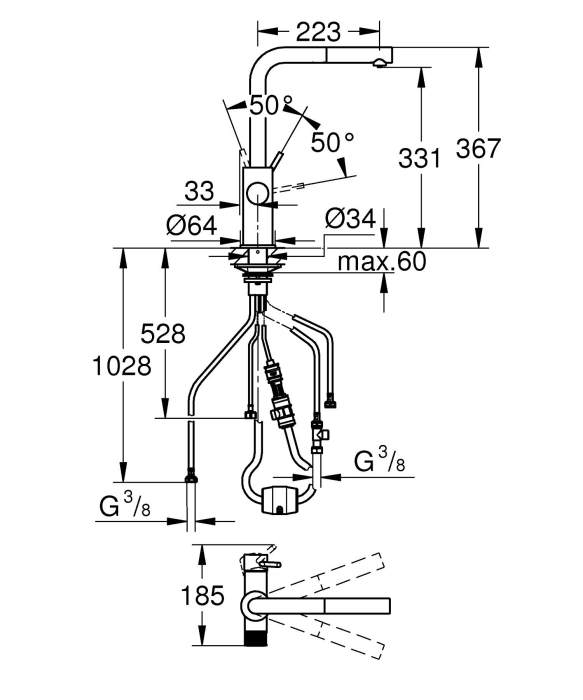 Baterie bucatarie Grohe 30590000, 1 bar, 367 mm, 223 mm, 1 orificii instalare, 2 sprayuri, 180 unghi pivotare, Crom [6]