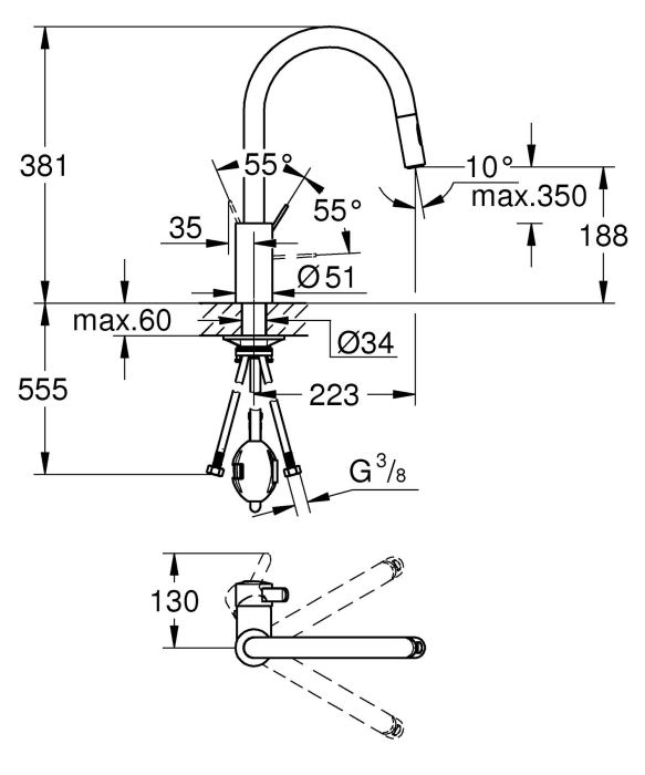 Baterie bucatarie Grohe 30612000, 1 bar, 381 mm, 223 mm, 1 orificii instalare, 2 sprayuri, 180 unghi pivotare, Crom [6]
