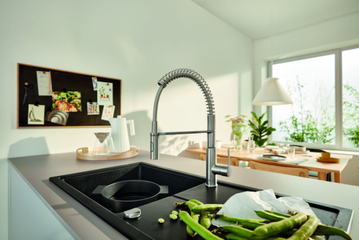 Baterie bucatarie Grohe 30614DC0, Via Cosmo, inalta, tip C, dus, 2 functii, mat, otel satinat [7]