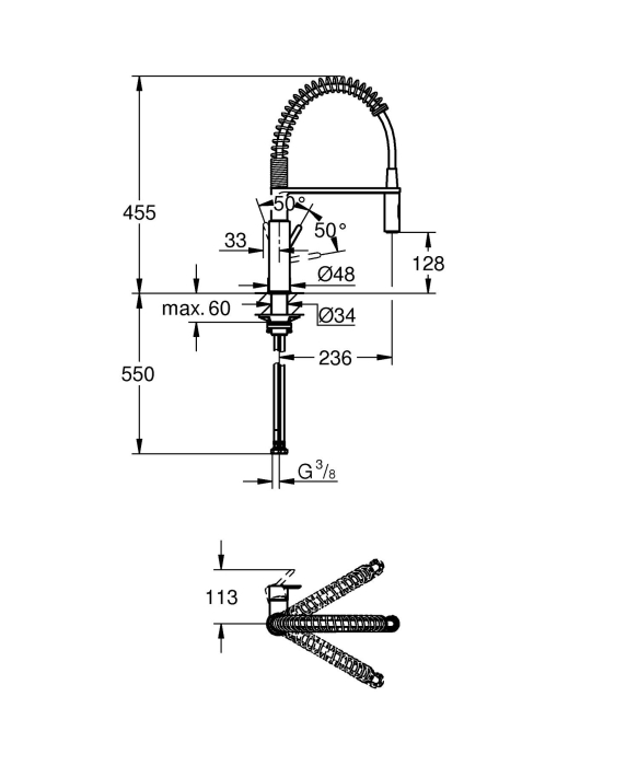 Baterie bucatarie Grohe 30614DC0, Via Cosmo, inalta, tip C, dus, 2 functii, mat, otel satinat [8]
