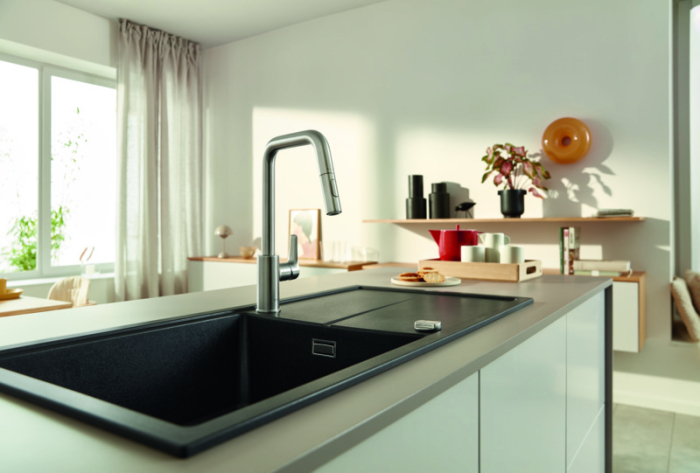 Baterie bucatarie Grohe 30619DC0, Eurosmart, inalta, tip U, dus, 2 functii, mat, otel satinat [3]