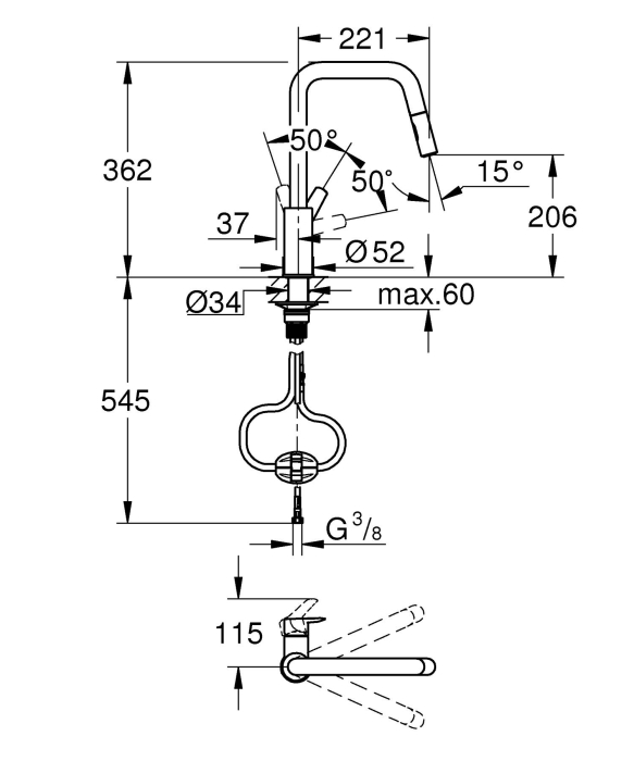 Baterie bucatarie Grohe 306312430, 1 bar, 362 mm, 221 mm, 1 orificii instalare, 2 sprayuri, 120 unghi pivotare, Negru [9]
