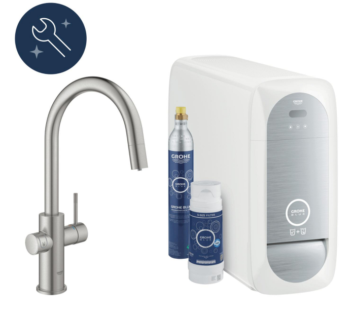 Baterie bucatarie Grohe 31541DC0, Blue Home, inalta, tip C, dus extractabil, filtrare, CO2, racire, mat, otel satinat [5]