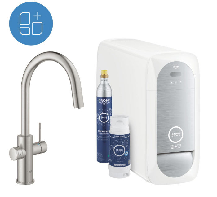 Baterie bucatarie Grohe 31541DC0, Blue Home, inalta, tip C, dus extractabil, filtrare, CO2, racire, mat, otel satinat [6]