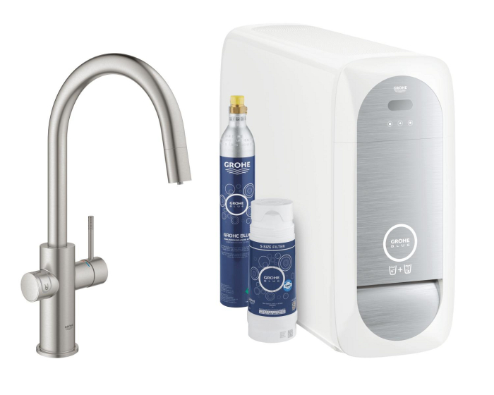Baterie bucatarie Grohe 31541DC0, Blue Home, inalta, tip C, dus extractabil, filtrare, CO2, racire, mat, otel satinat [1]