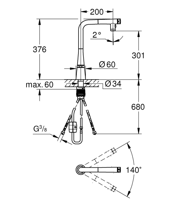 Baterie bucatarie Grohe 31888000, 1 bar, 376 mm, 200 mm, 1 orificii instalare, 2 sprayuri, 180 unghi pivotare, Crom [18]