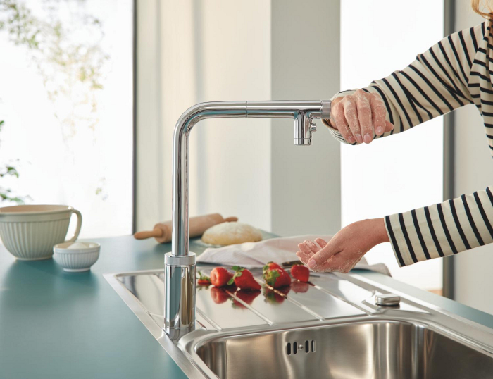 Baterie bucatarie Grohe 31889000, 0.8 bar, 373 mm, 201 mm, 1 orificii instalare, 2 sprayuri, 120 unghi pivotare, Crom [10]