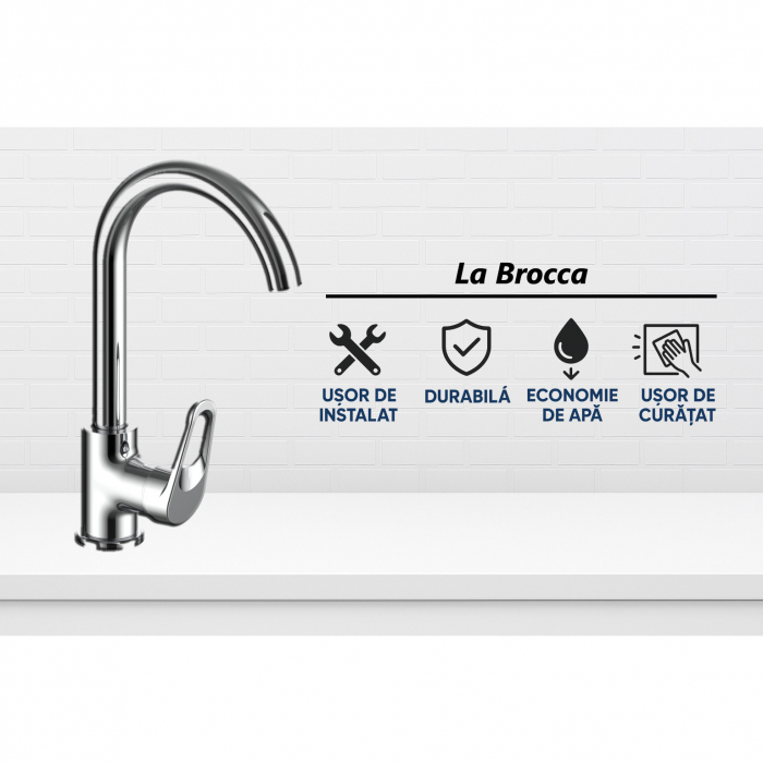 Baterie bucatarie La Brocca MILANO P100C711, Monocomanda, Gura inalta tip U, Economie de apa, Silentioasa, Usor de curatat si instalat, alama sanitara, Finisaj crom [2]