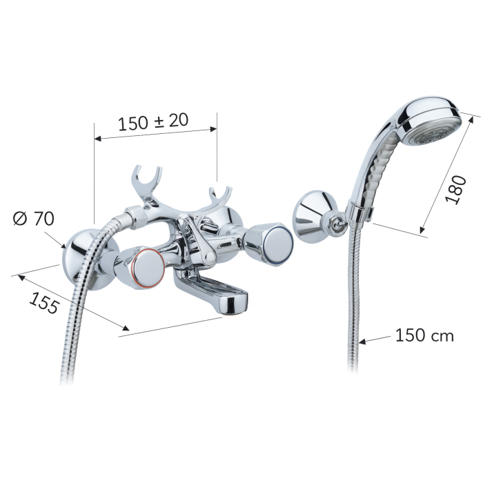 Baterie cada dus cu set de dus Remer Rubinetterie 1000-2000 02Y, monocomanda, montaj pe perete, suport fix, alama si ABS cromat [3]