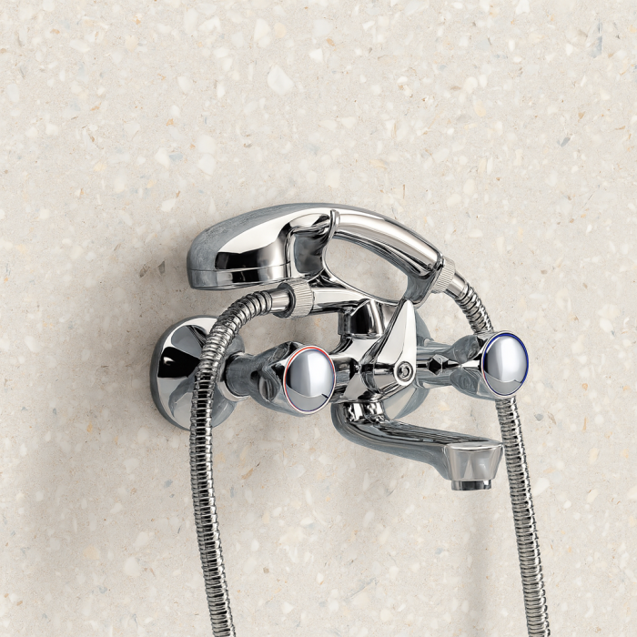 Baterie cada dus cu set de dus Remer Rubinetterie 1000-2000 02Y, monocomanda, montaj pe perete, suport fix, alama si ABS cromat [2]