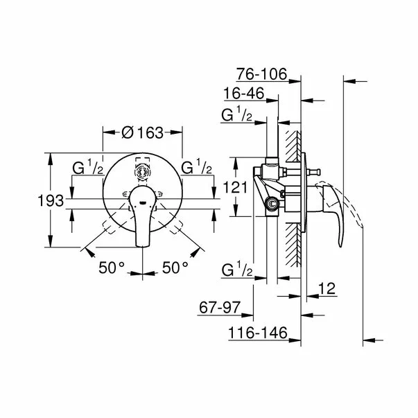 Baterie cada - dus incastrata Grohe Eurosmart New crom cu corp incastrat [2]