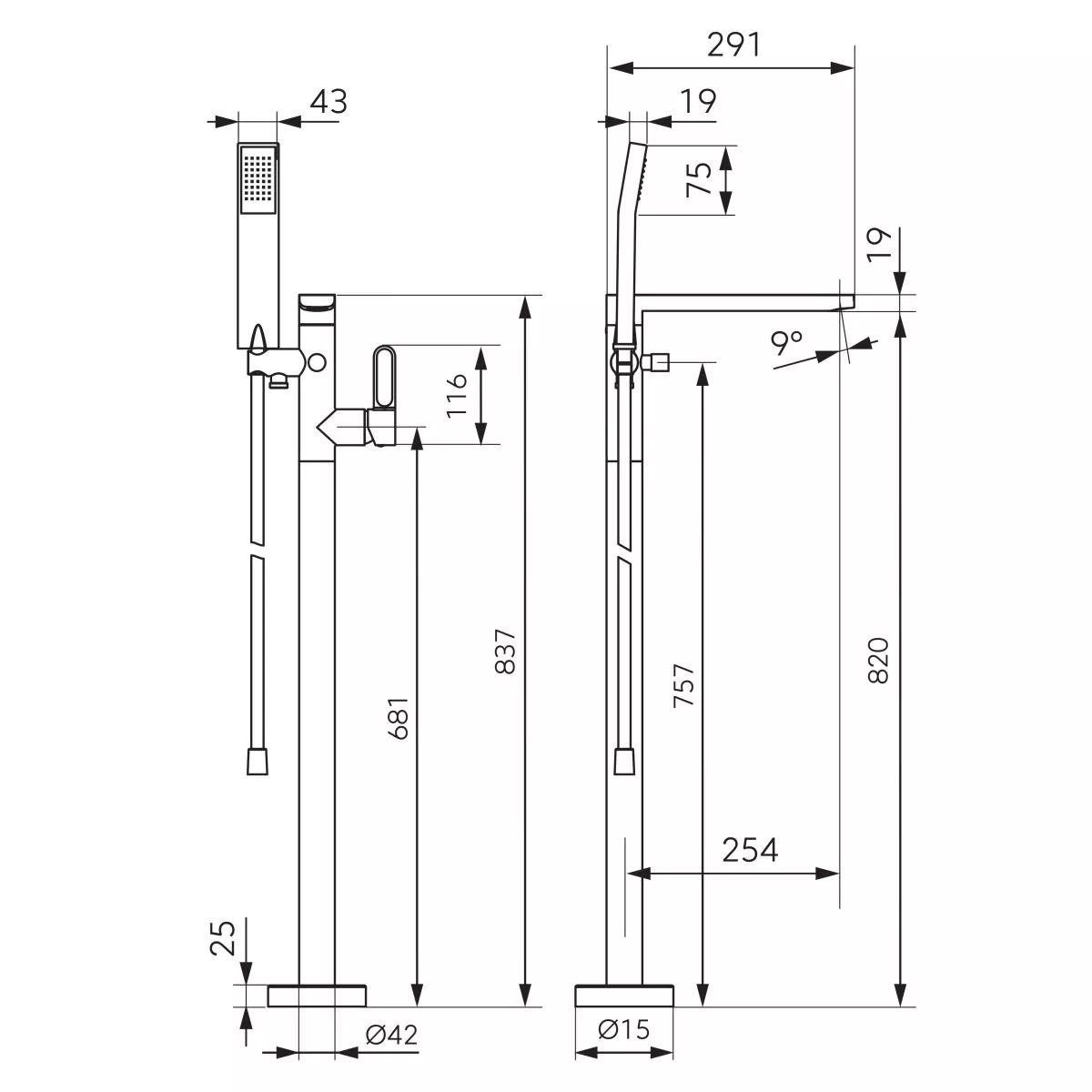 Baterie cada Fdesign Zaffiro, pe podea, set dus, mat, negru, FD1-ZFR-11F-22 [2]