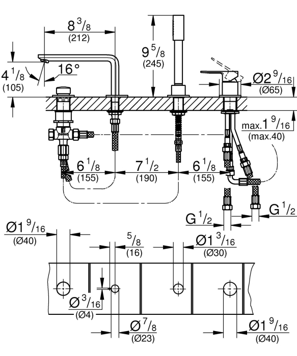 Baterie cada Grohe 19577001, 0.7 bar, 33 mm, 2 m, 197 mm, 450 mm, 212 mm, 2 orificii instalare, Crom [7]