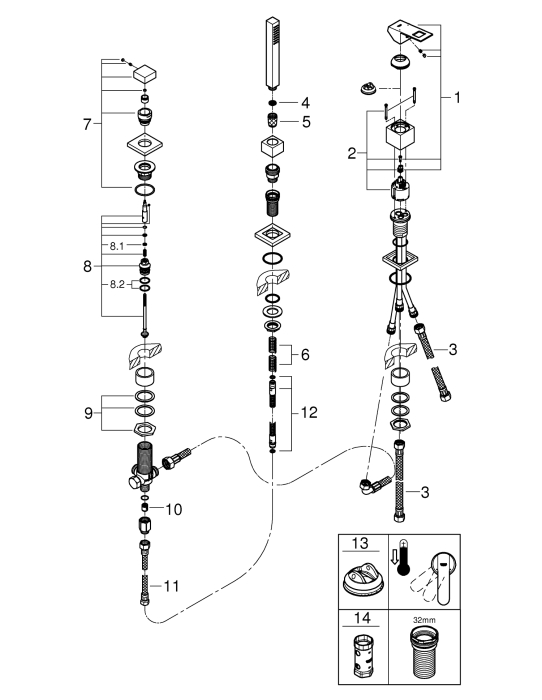 Baterie cada Grohe 19966000, 1 bar, 45 mm, 2 m, 252 mm, 310 mm, 3 orificii instalare, 1 functii para dus, Crom [3]