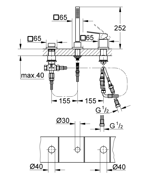 Baterie cada Grohe 19966000, 1 bar, 45 mm, 2 m, 252 mm, 310 mm, 3 orificii instalare, 1 functii para dus, Crom [2]