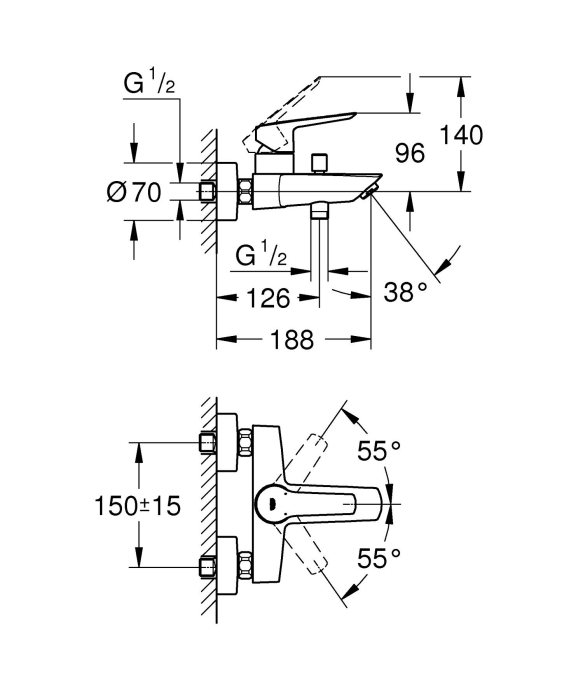 Baterie cada Grohe 242062432, 0.8 bar, 188 mm, 223 mm, 2 orificii instalare, 1/2 dimensiune racord, Negru [6]