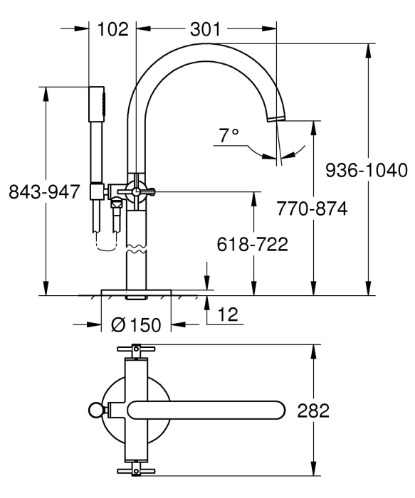 Baterie cada Grohe 25044AL3, Atrio, 1/2'', pe podea, set dus, necesita valva, mat, grafit [5]