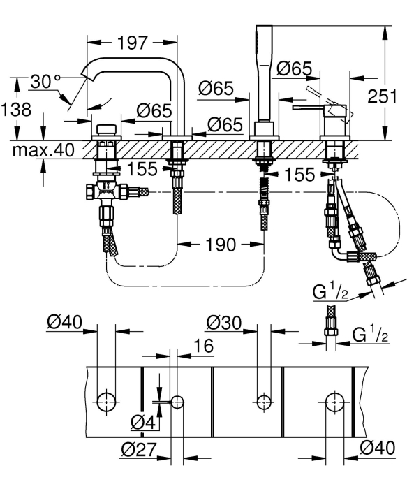 Baterie cada Grohe 25251GL1, Essence, pe cada, set dus, lucios, auriu [5]