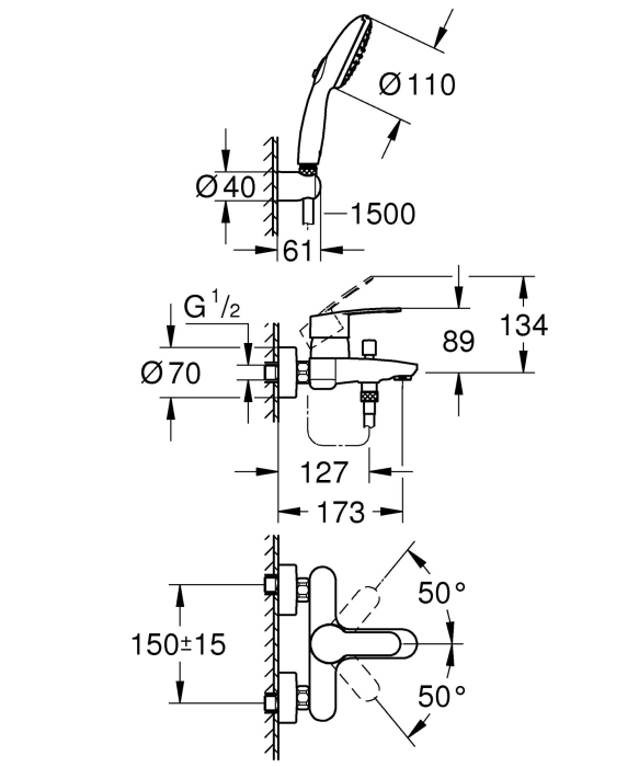 Baterie cada Grohe 25275002, 1 bar, 110 mm, 1.5 m, 225 mm, 173 mm, 44 mm, 2 orificii instalare, Crom [2]
