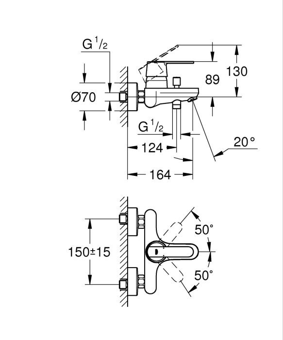 Baterie cada Grohe 328872430, 1 bar, 164 mm, 212 mm, 2 orificii instalare, 1/2 dimensiune racord, Negru [8]