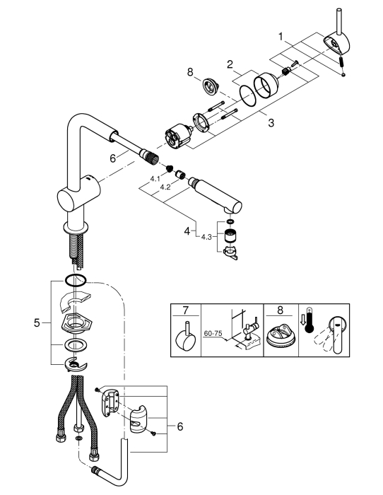 Baterie de bucatarie Grohe 30274A00, Minta, 3/8'', pipa inalta, tip L, dus extractabil, 2 functii, lucios, grafit [4]