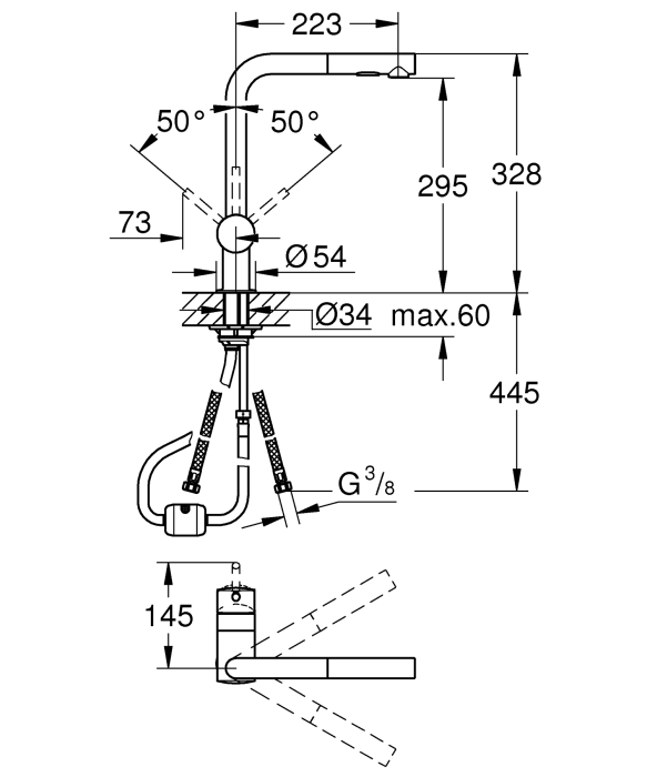 Baterie de bucatarie Grohe 30274A00, Minta, 3/8'', pipa inalta, tip L, dus extractabil, 2 functii, lucios, grafit [3]