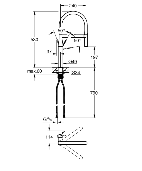 Baterie de bucatarie Grohe 30294AL0, Essence, 3/8'', dus, inalta, 2 functii, mat, grafit [3]