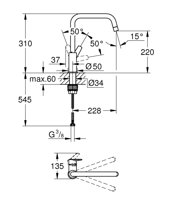 Baterie de bucatarie Grohe 30470DC0, Start, inalta, tip U, pivotanta, mat, otel satinat [7]
