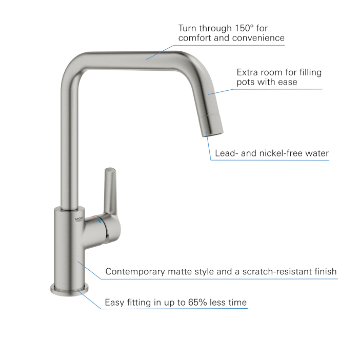 Baterie de bucatarie Grohe 30470DC0, Start, inalta, tip U, pivotanta, mat, otel satinat [3]