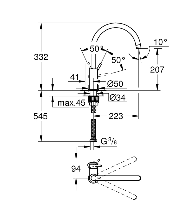 Baterie de bucatarie Grohe 31553001, 1 bar, 332 mm, 223 mm, 1 orificii instalare, 1 sprayuri, 360 unghi pivotare, Crom [3]